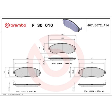 Brembo | Bremsbelagsatz, Scheibenbremse | P 30 010