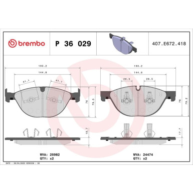 Brembo | Bremsbelagsatz, Scheibenbremse | P 36 029