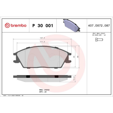 Brembo | Bremsbelagsatz, Scheibenbremse | P 30 001