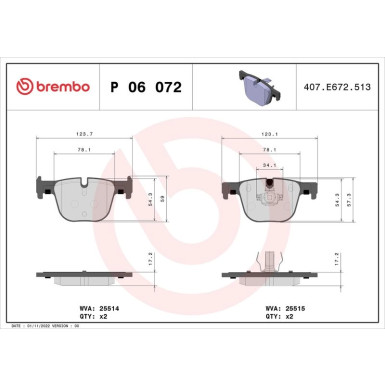 Brembo | Bremsbelagsatz, Scheibenbremse | P 06 072