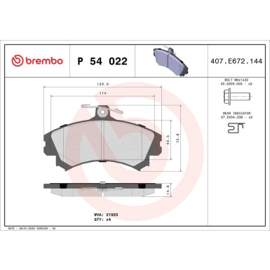 Brembo | Bremsbelagsatz, Scheibenbremse | P 54 022