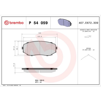 Brembo | Bremsbelagsatz, Scheibenbremse | P 54 059