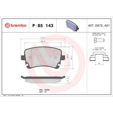 Brembo | Bremsbelagsatz, Scheibenbremse | P 85 143