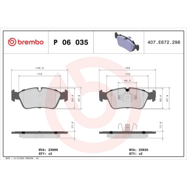 Brembo | Bremsbelagsatz, Scheibenbremse | P 06 035