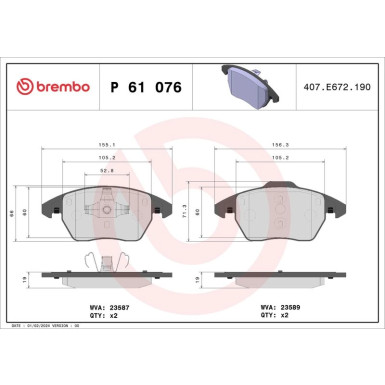 Brembo | Bremsbelagsatz, Scheibenbremse | P 61 076