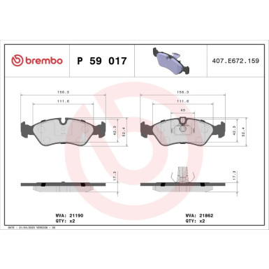 Brembo | Bremsbelagsatz, Scheibenbremse | P 59 017