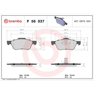 Brembo | Bremsbelagsatz, Scheibenbremse | P 56 037