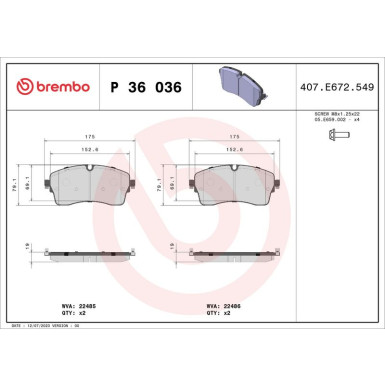 Brembo | Bremsbelagsatz, Scheibenbremse | P 36 036