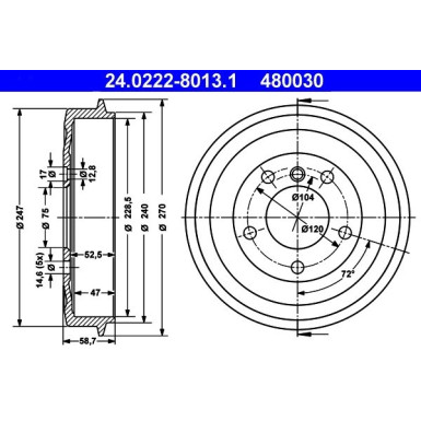 ATE | Bremstrommel | 24.0222-8013.1