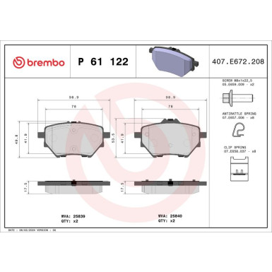 Brembo | Bremsbelagsatz, Scheibenbremse | P 61 122