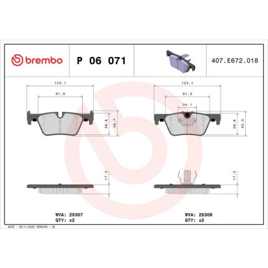 Brembo | Bremsbelagsatz, Scheibenbremse | P 06 071