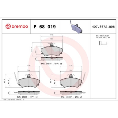 Brembo | Bremsbelagsatz, Scheibenbremse | P 68 019