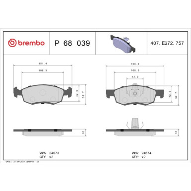 Brembo | Bremsbelagsatz, Scheibenbremse | P 68 039