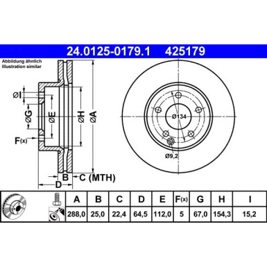 ATE 24.0125-0179.1 Bremsscheibe für MERCEDES-BENZ C-Klasse Ø288mm, 5x112,0, Belüftet