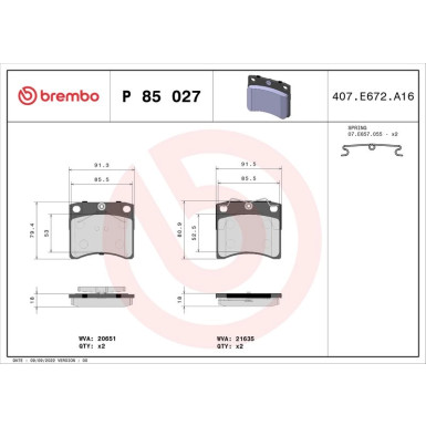 Brembo | Bremsbelagsatz, Scheibenbremse | P 85 027