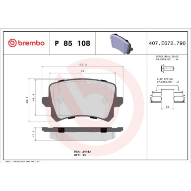 Brembo | Bremsbelagsatz, Scheibenbremse | P 85 108