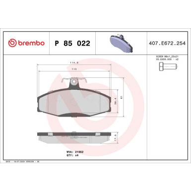 Brembo | Bremsbelagsatz, Scheibenbremse | P 85 022