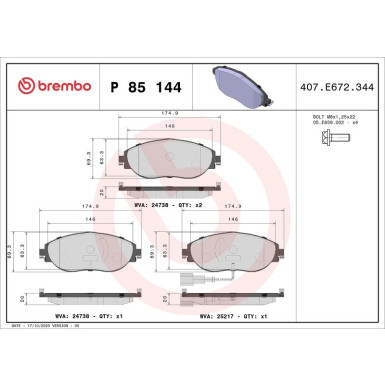 Brembo | Bremsbelagsatz, Scheibenbremse | P 85 144