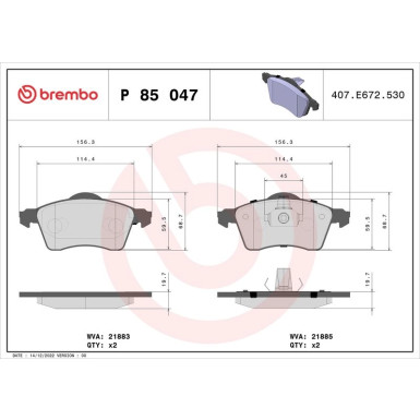 Brembo | Bremsbelagsatz, Scheibenbremse | P 85 047