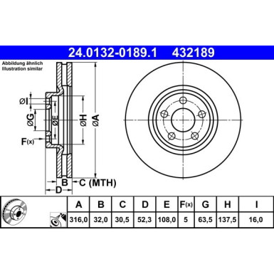 ATE 24.0132-0189.1 Bremsscheibe 316mm, 5x108,0, Belüftet, beschichtet