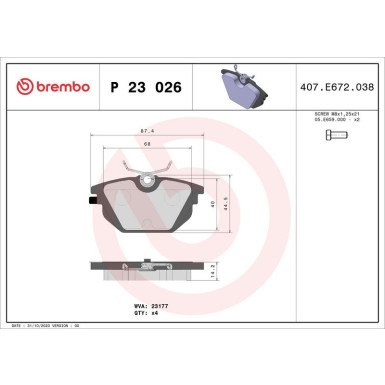 Brembo | Bremsbelagsatz, Scheibenbremse | P 23 026