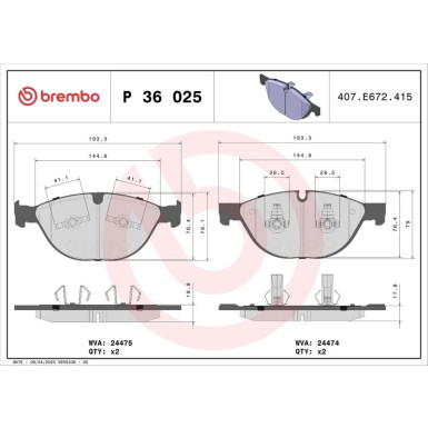 Brembo | Bremsbelagsatz, Scheibenbremse | P 36 025