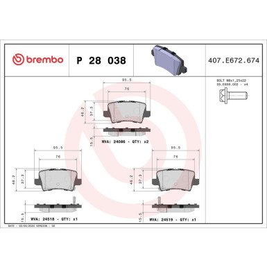 Brembo | Bremsbelagsatz, Scheibenbremse | P 28 038