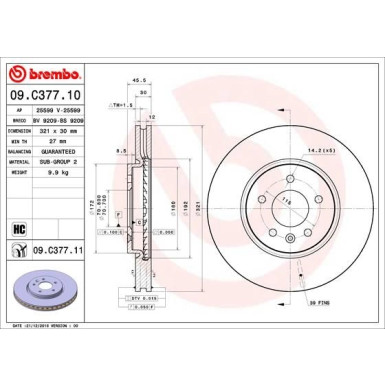 BREMBO 09.C377.11 Bremsscheibe COATED DISC LINE Ø321mm innenbelüftet