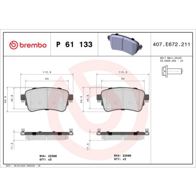 Brembo | Bremsbelagsatz, Scheibenbremse | P 61 133