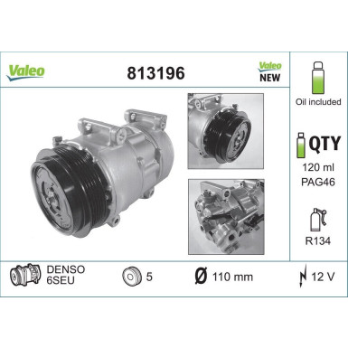 VALEO 813196 Klimakompressor 6SEU, 12V, PAG 46, R 134a, NEW ORIGINAL PART