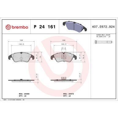 Brembo | Bremsbelagsatz, Scheibenbremse | P 24 161