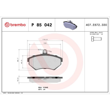 Brembo | Bremsbelagsatz, Scheibenbremse | P 85 042