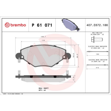 Brembo | Bremsbelagsatz, Scheibenbremse | P 61 071