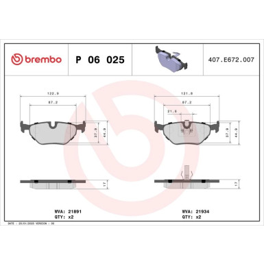 Brembo | Bremsbelagsatz, Scheibenbremse | P 06 025