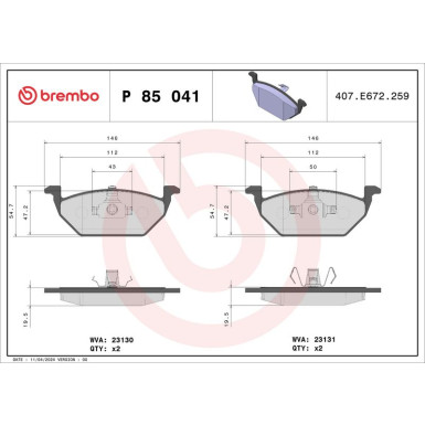 Brembo | Bremsbelagsatz, Scheibenbremse | P 85 041X