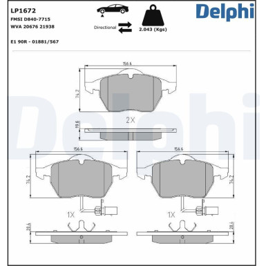 Delphi | Bremsbelagsatz, Scheibenbremse | LP1672