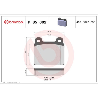 Brembo | Bremsbelagsatz, Scheibenbremse | P 85 002