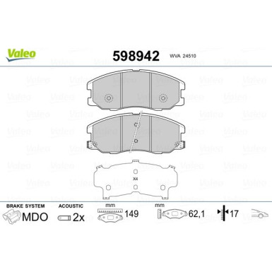 Valeo | Bremsbelagsatz, Scheibenbremse | 598942