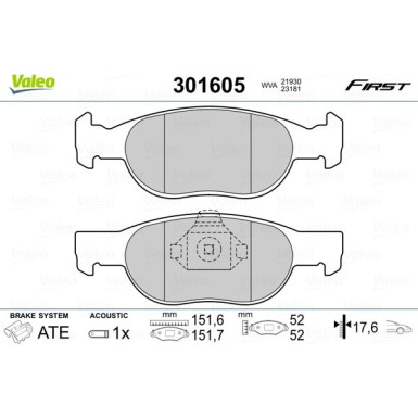 Valeo | Bremsbelagsatz, Scheibenbremse | 301605