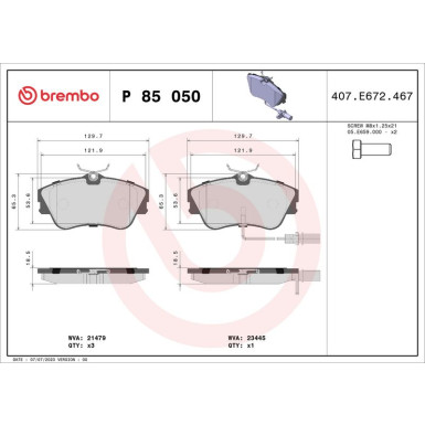 Brembo | Bremsbelagsatz, Scheibenbremse | P 85 050