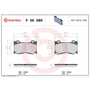 Brembo | Bremsbelagsatz, Scheibenbremse | P 56 089