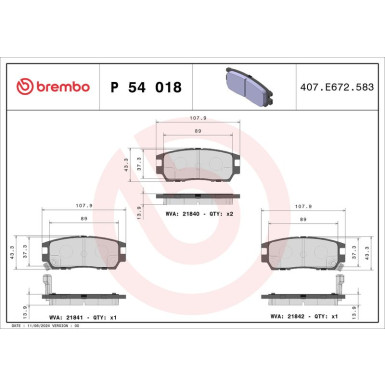 Brembo | Bremsbelagsatz, Scheibenbremse | P 54 018