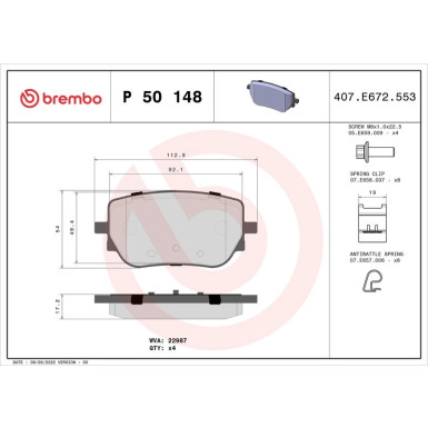 Brembo | Bremsbelagsatz, Scheibenbremse | P 50 148