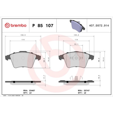 Brembo | Bremsbelagsatz, Scheibenbremse | P 85 107