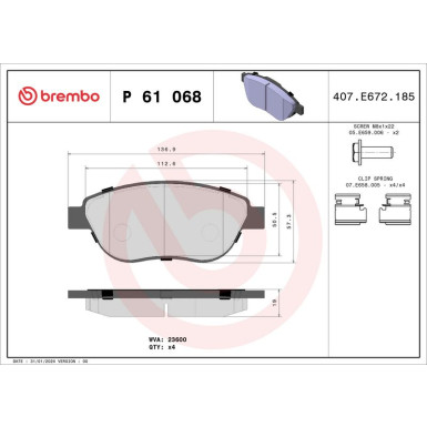 Brembo | Bremsbelagsatz, Scheibenbremse | P 61 068