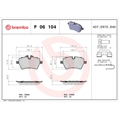 Brembo | Bremsbelagsatz, Scheibenbremse | P 06 104