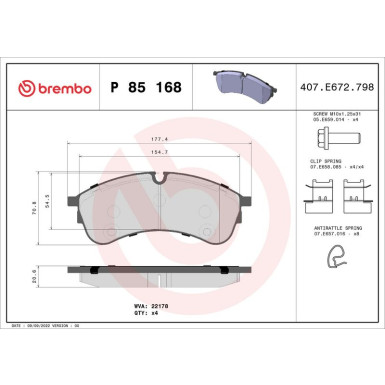 Brembo | Bremsbelagsatz, Scheibenbremse | P 85 168