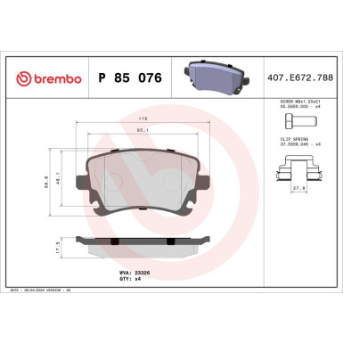 Brembo | Bremsbelagsatz, Scheibenbremse | P 85 076