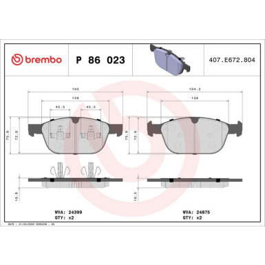 Brembo | Bremsbelagsatz, Scheibenbremse | P 86 023