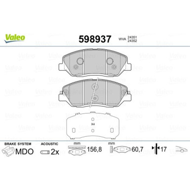 Valeo | Bremsbelagsatz, Scheibenbremse | 598937